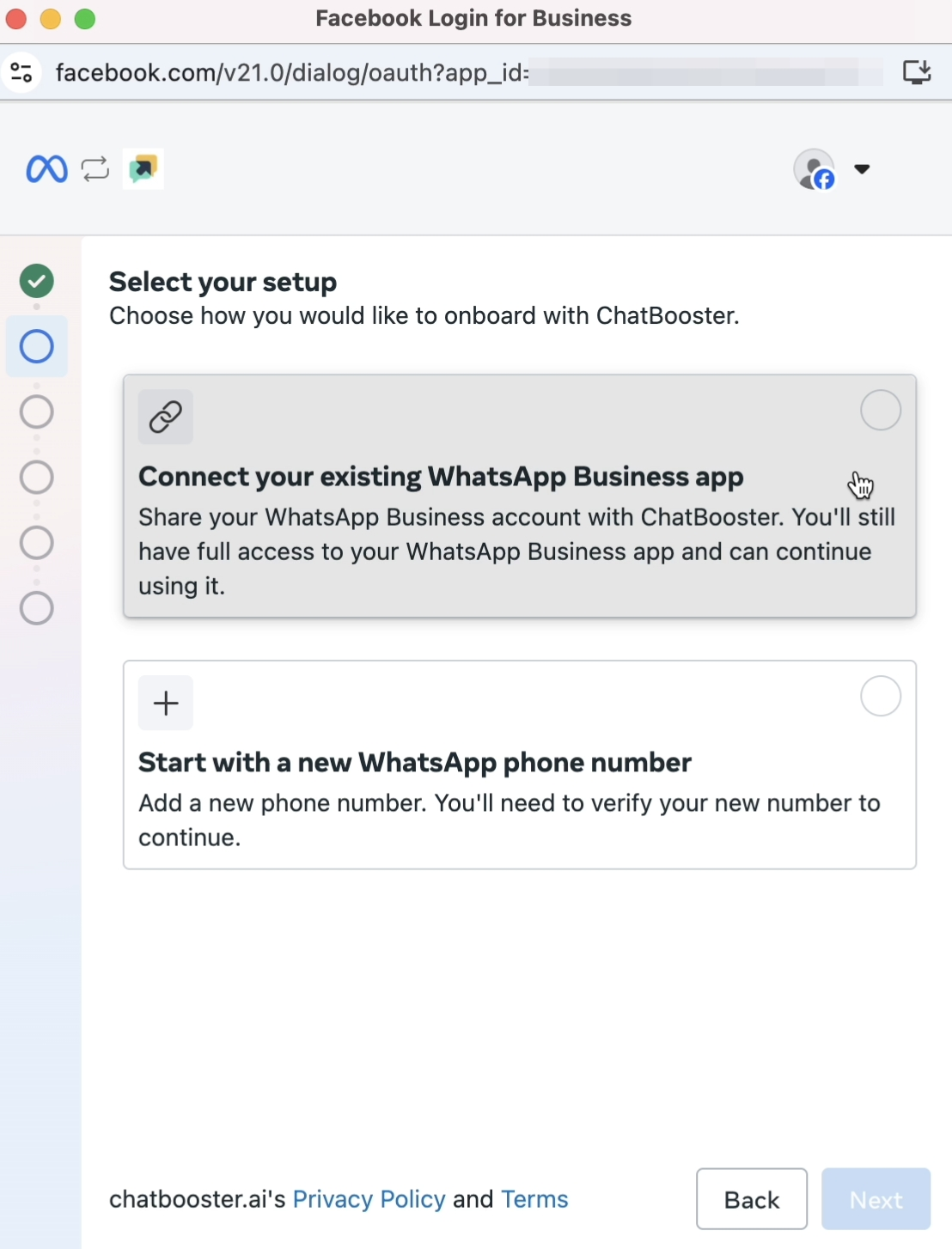 onboard an existing business app number